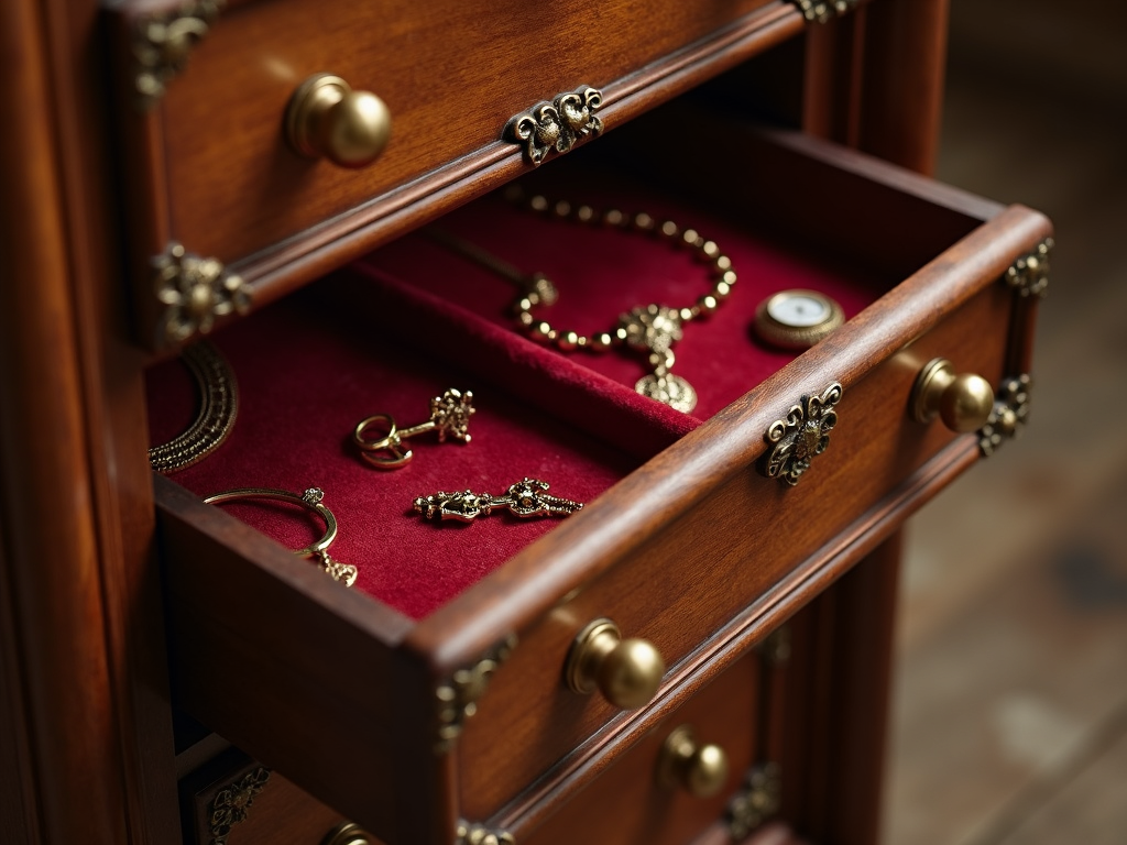 Close-up of an armoire secret drawer with velvet lining, holding jewelry.