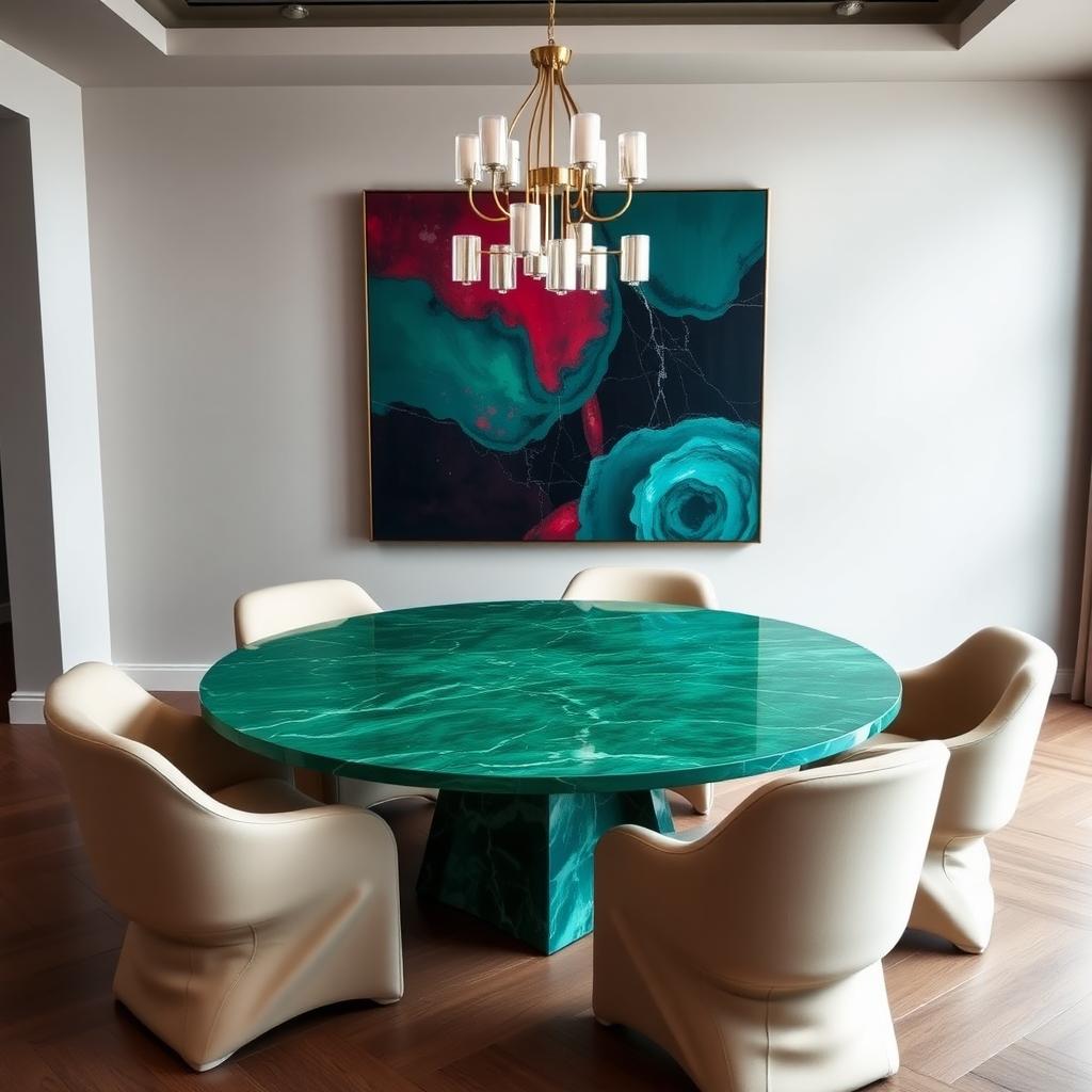 Modern dining room with an emerald-green marble table and curved chairs