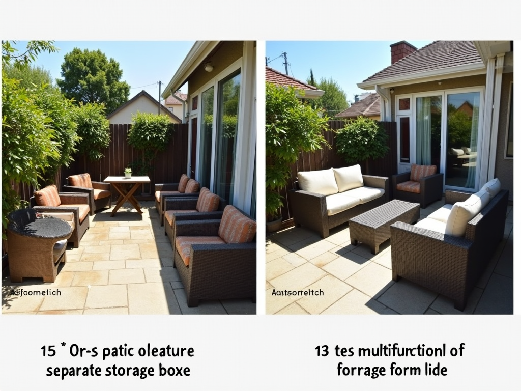 Comparison of patio spaces with traditional and multifunctional furniture