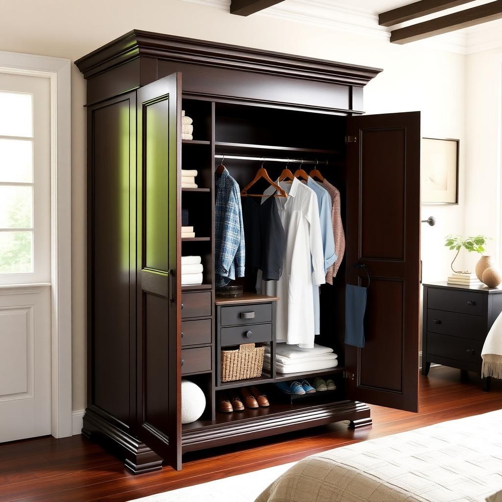 Open dark wooden armoire displaying organized interior in a cozy bedroom