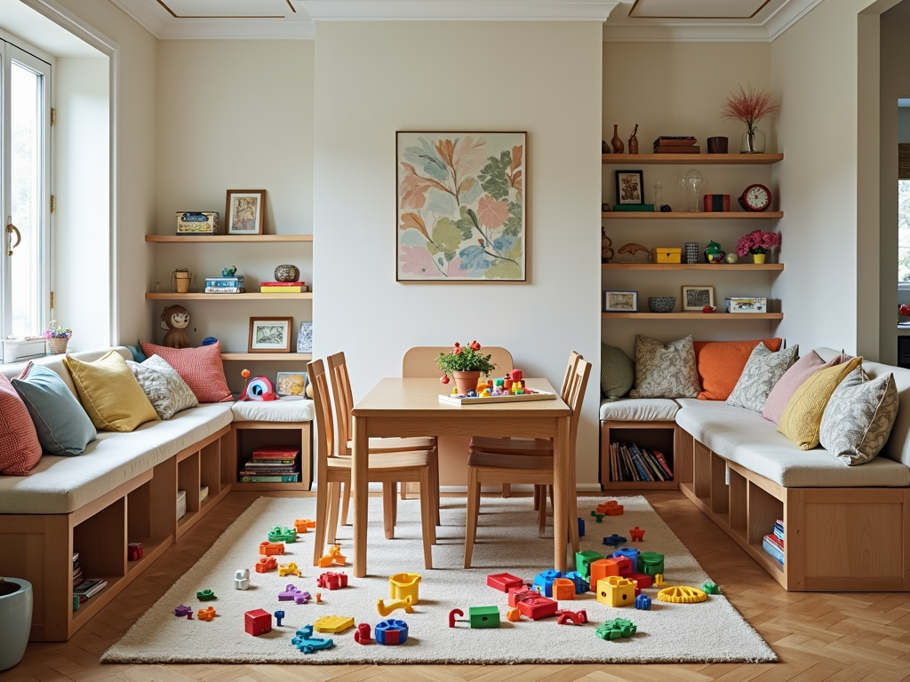 A dining room turned play area with an extendable table and storage benches.