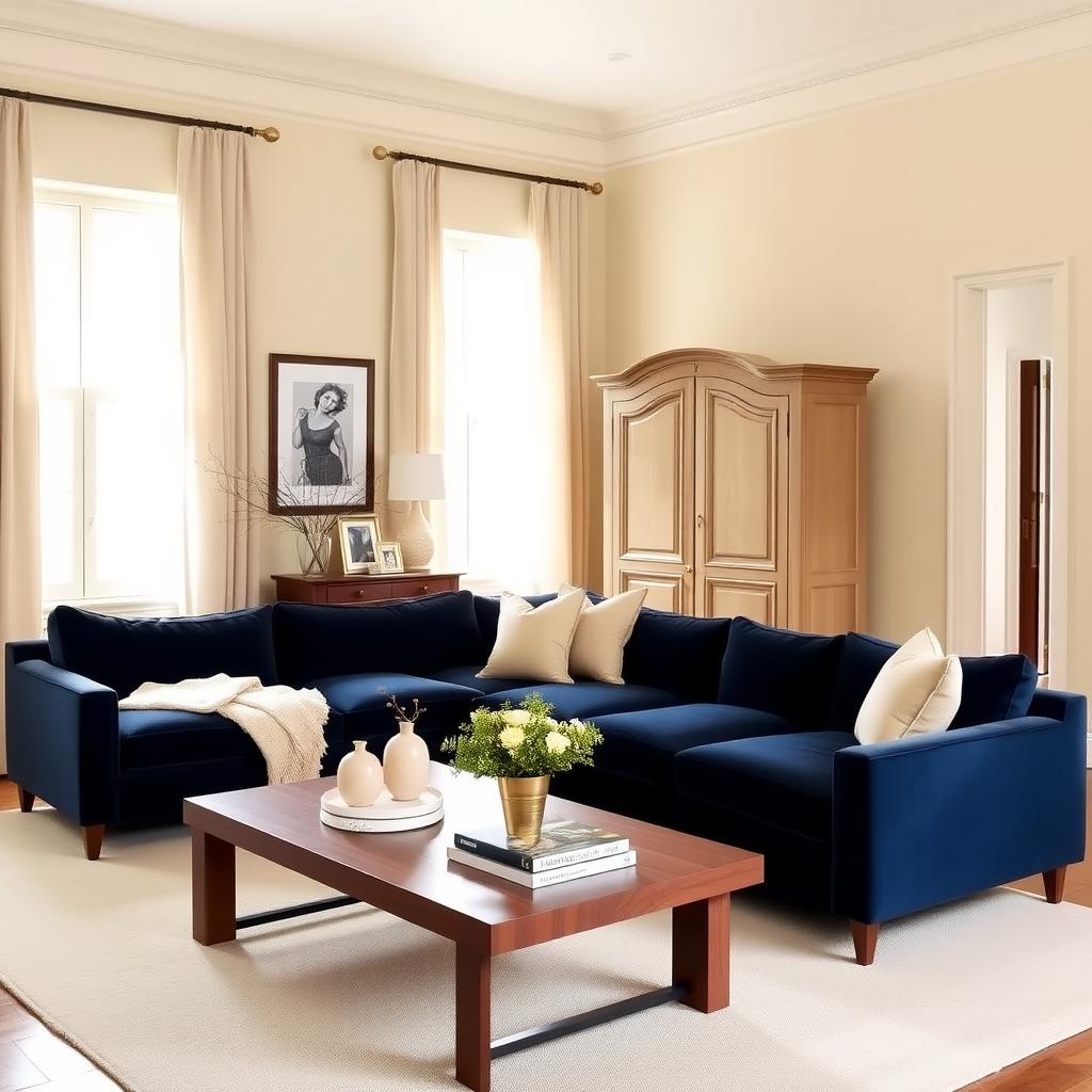 Cozy living room with creamy beige walls, navy sofa, and minimalist armoire
