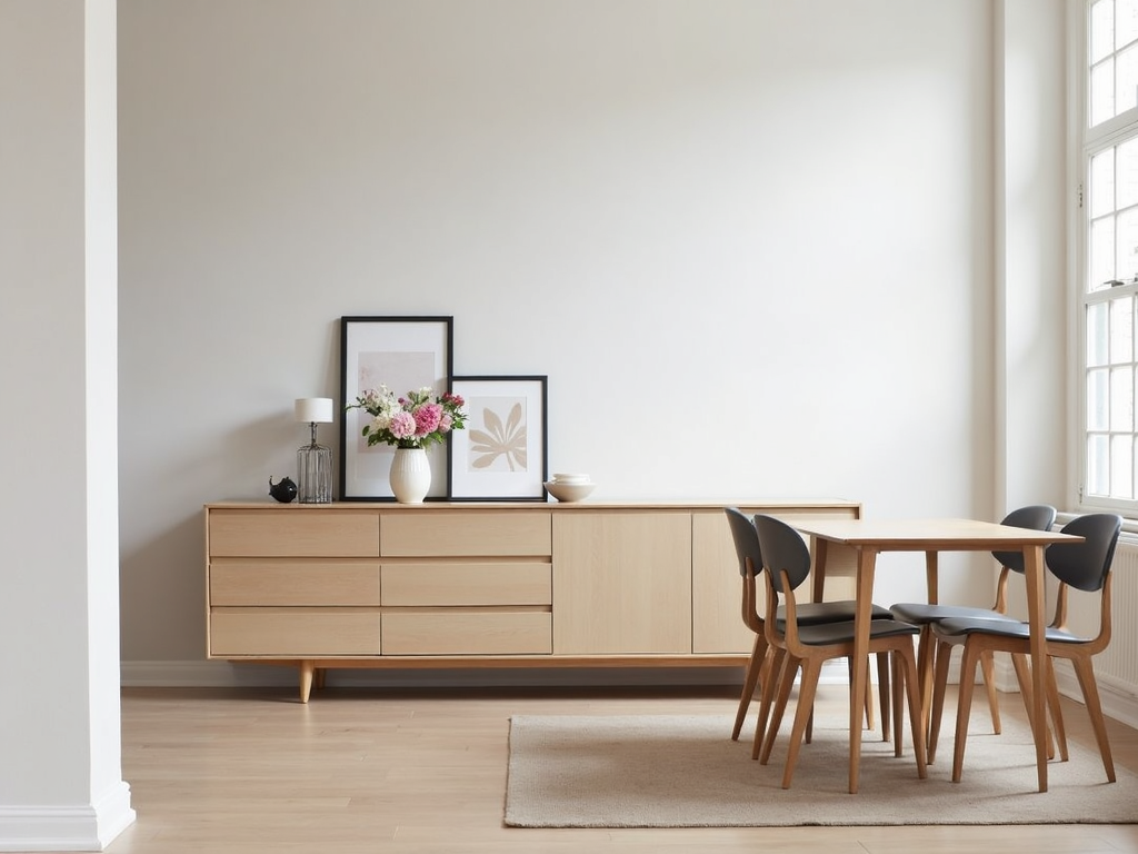 A small dining area featuring a sleek sideboard for storage and style.
