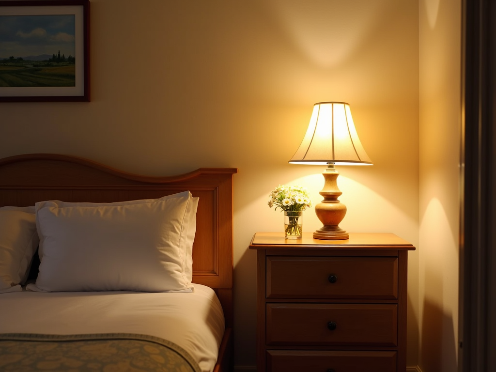 A cozy guest room with soft lighting and decor