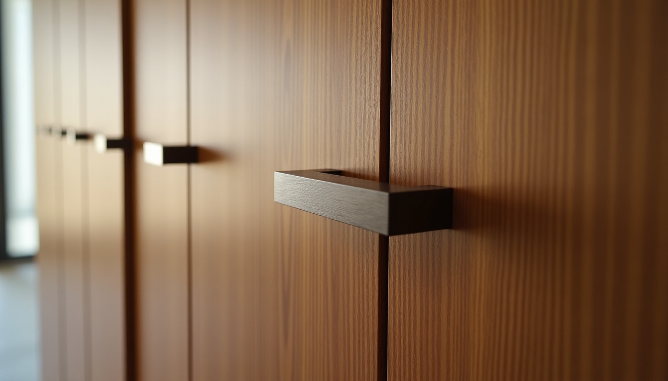A detailed close-up of a minimalist armoire's sleek handles and fine wood grain.