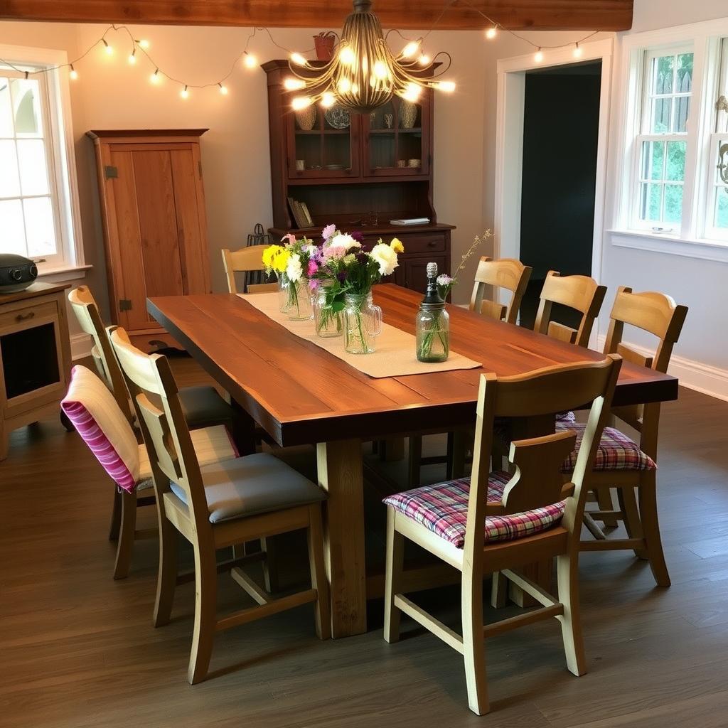 Rustic dining room with a reclaimed wood table, mismatched chairs, burlap runner, and warm string lights.