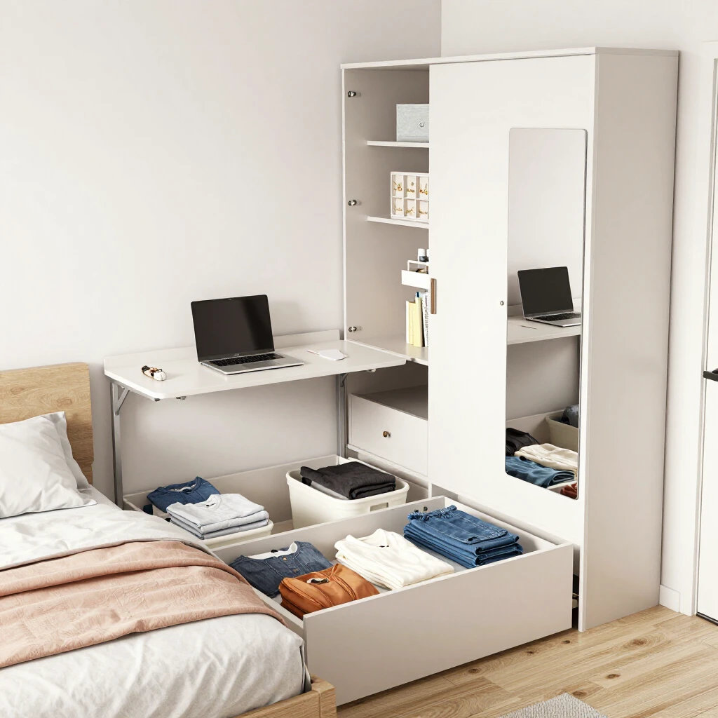 Compact bedroom featuring under-bed storage drawers, fold-down desk, and mirror with hidden jewelry storage