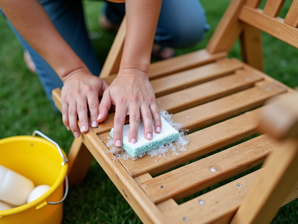 Person cleaning a wooden outdoor chair with soapy water