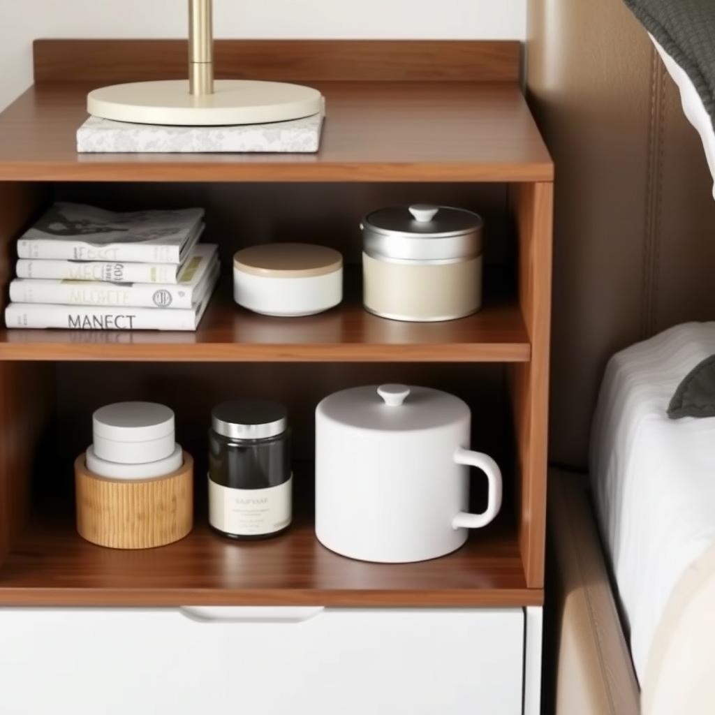 A nightstand with just a small lamp, a single paperback book, and a tiny potted plant, all arranged neatly on a clean surface.