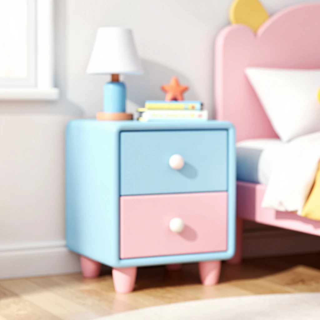 Colorful kids nightstand with drawers in a bright bedroom
