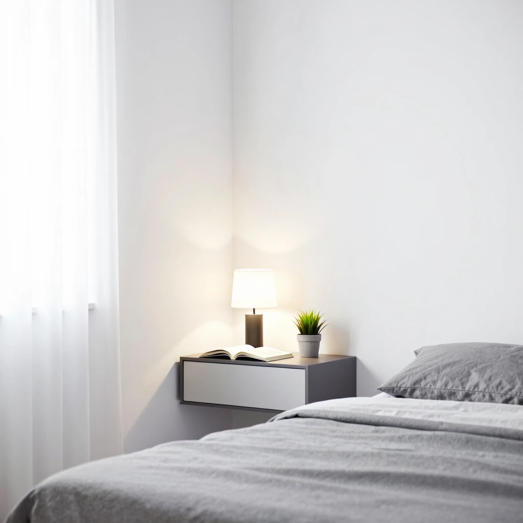 Modern small bedroom featuring a floating nightstand for maximum space