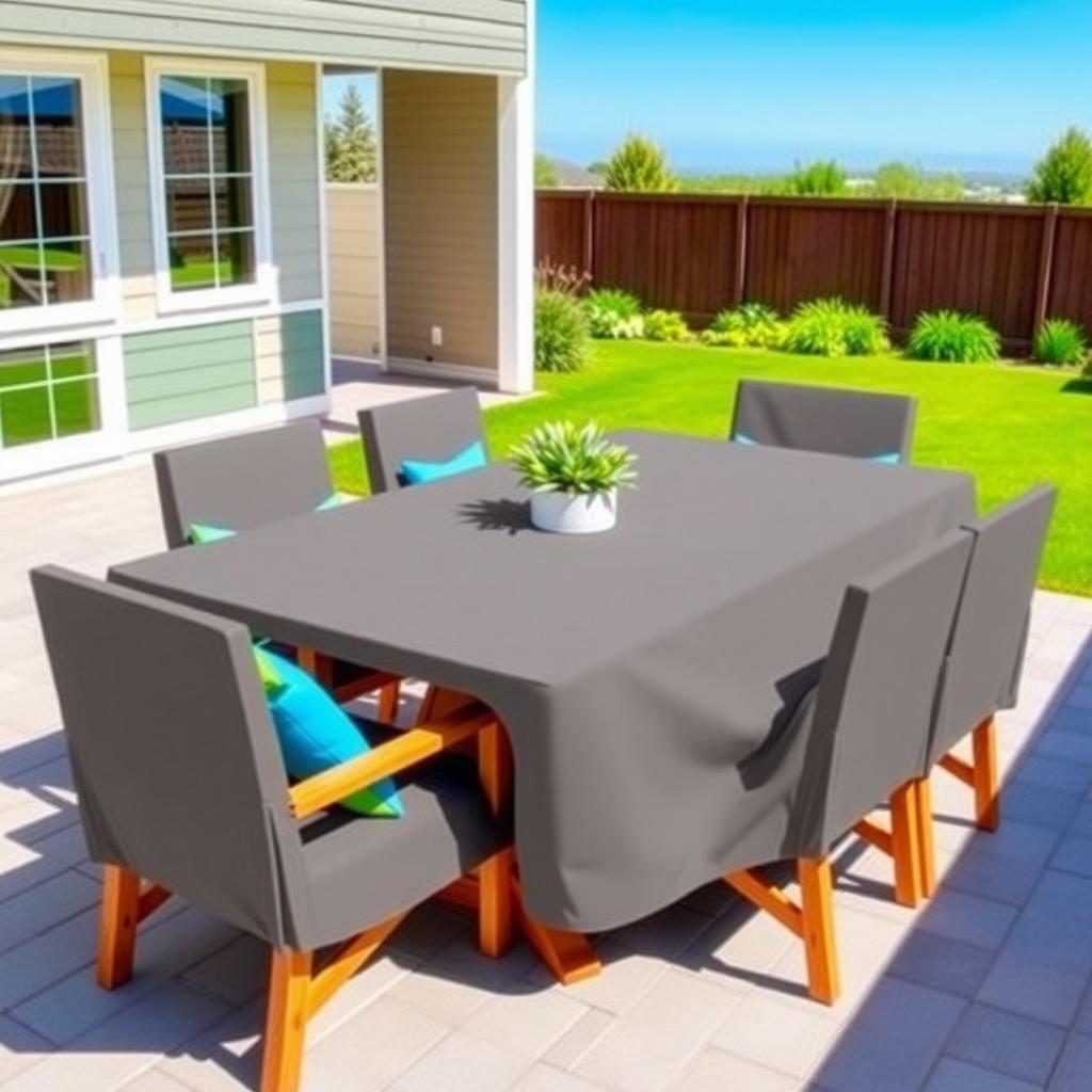 A modern wooden patio dining set covered with a protective cover, featuring colorful cushions and a potted plant, set in a sunny backyard.