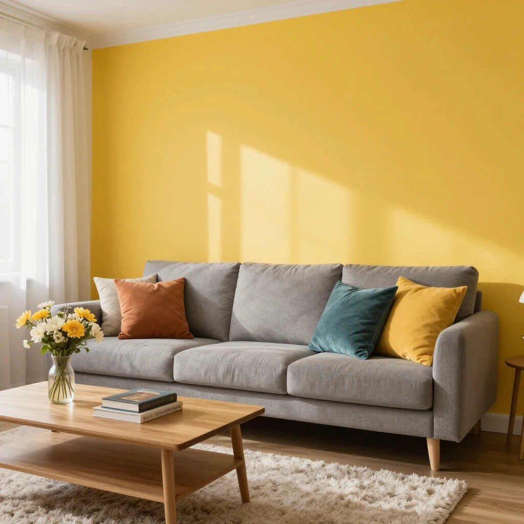 Sunny yellow accent wall brightening a modern living room setup