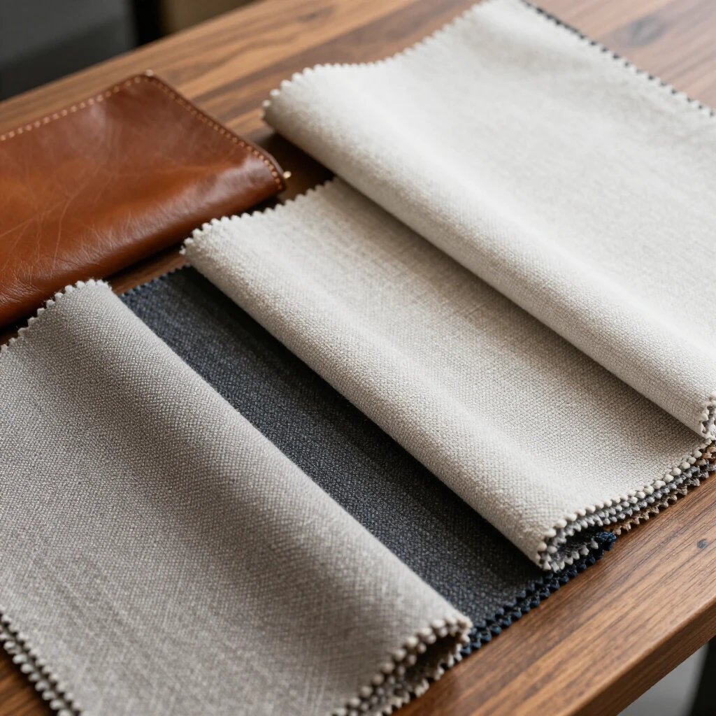 Close-up of durable upholstery fabric samples including leather, microfiber, and polyester