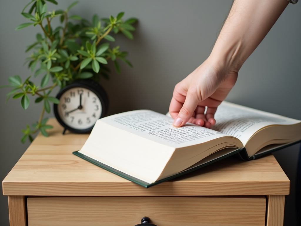 Adding a book to an organized nightstand