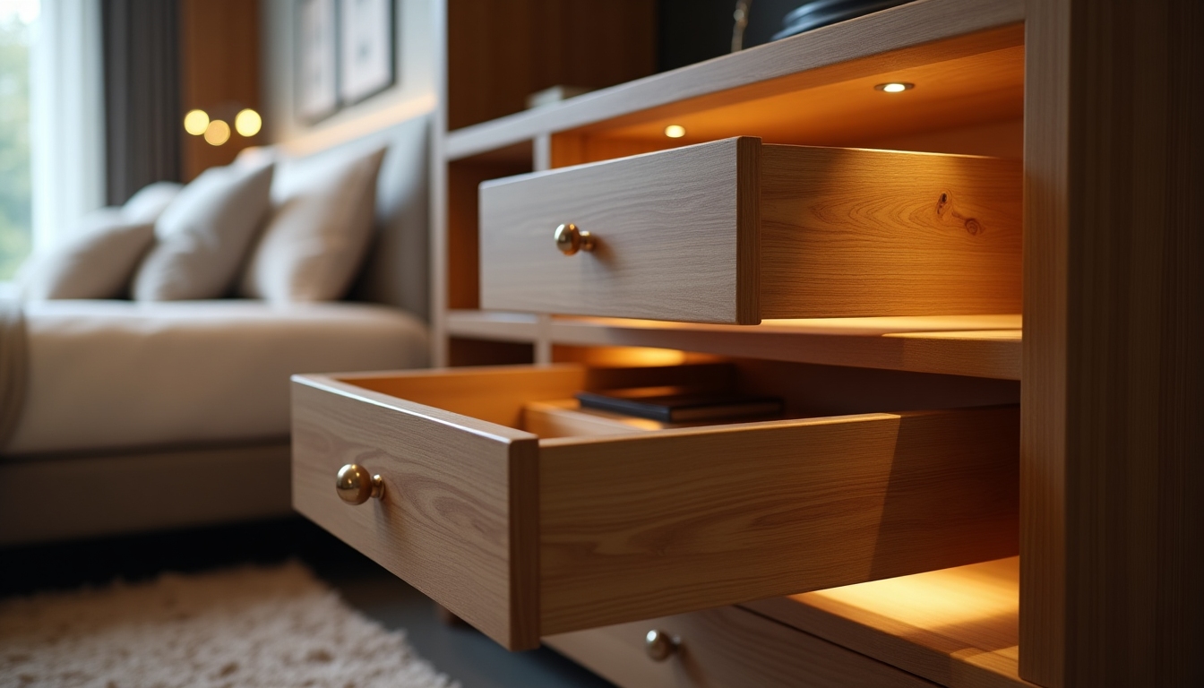 A modern nightstand with built-in storage solutions, highlighting both shelves and drawers.