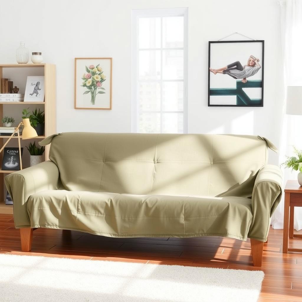 A cozy living room with a futon covered in a vibrant, patterned fabric. The room is filled with natural light, highlighting the futon’s unique design.