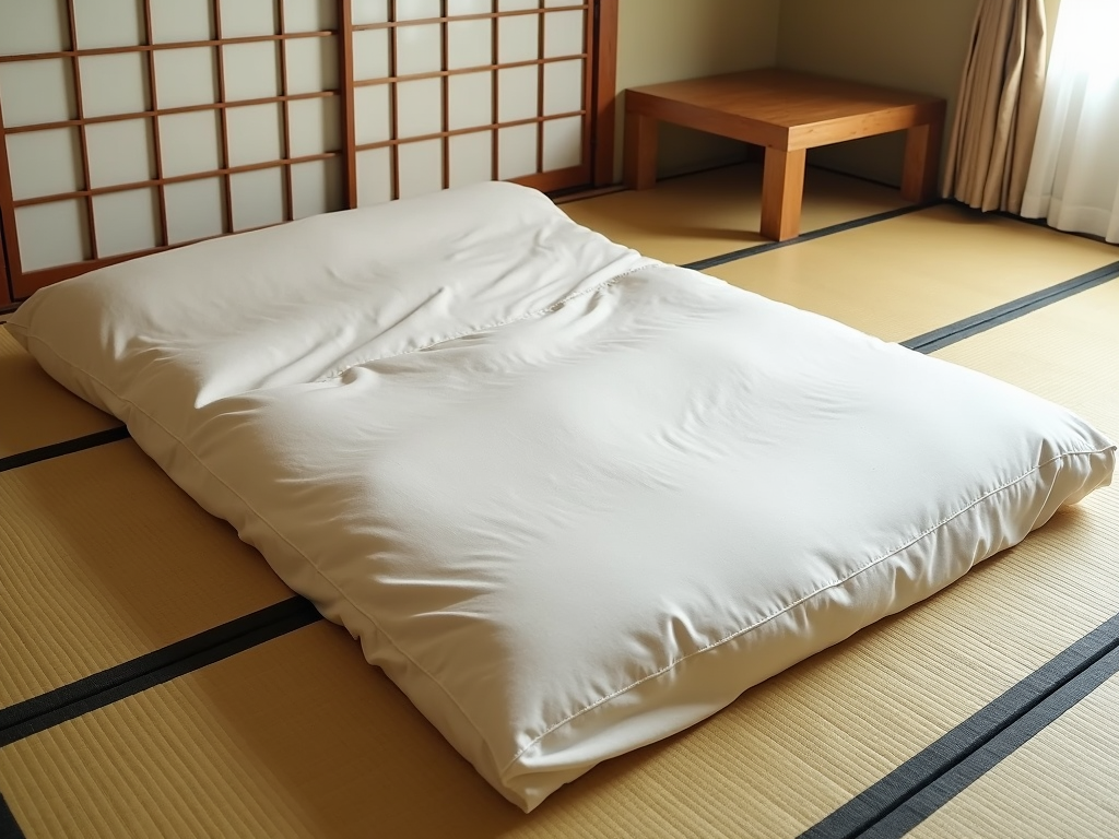 Traditional Japanese futon on tatami mat