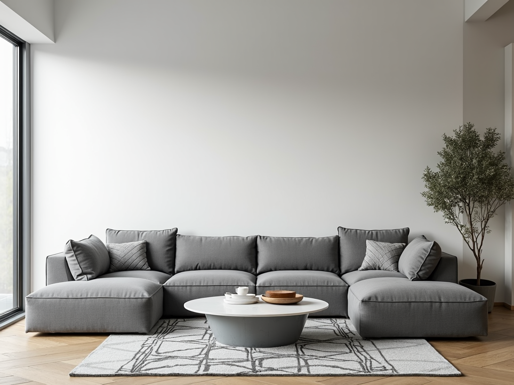 Modern living room with neutral colors and geometric accents