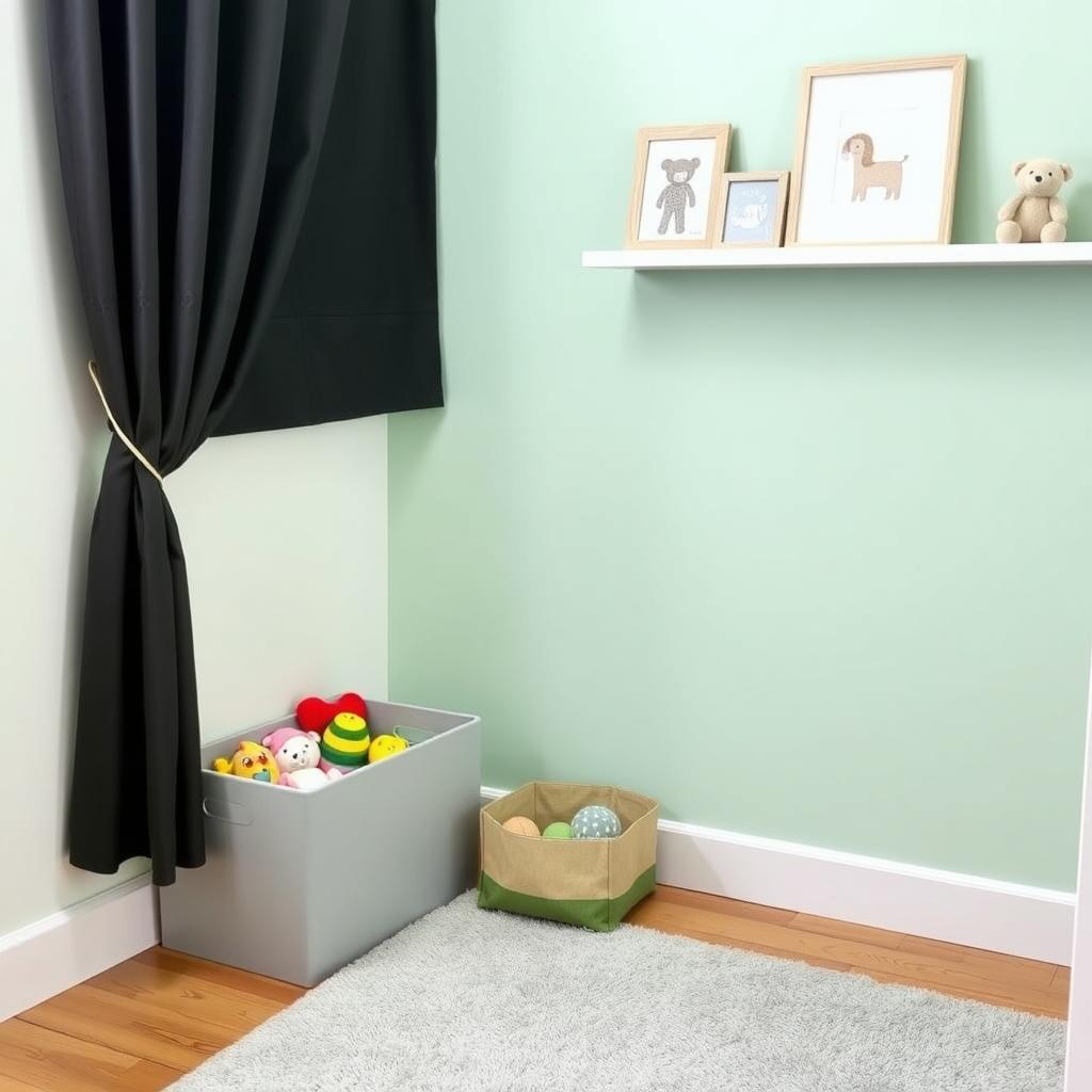 Kid-friendly nursery corner with storage bin and safe decor