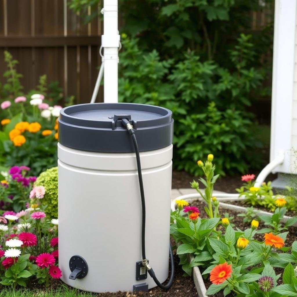 Eco-friendly backyard with a rain barrel and thriving garden