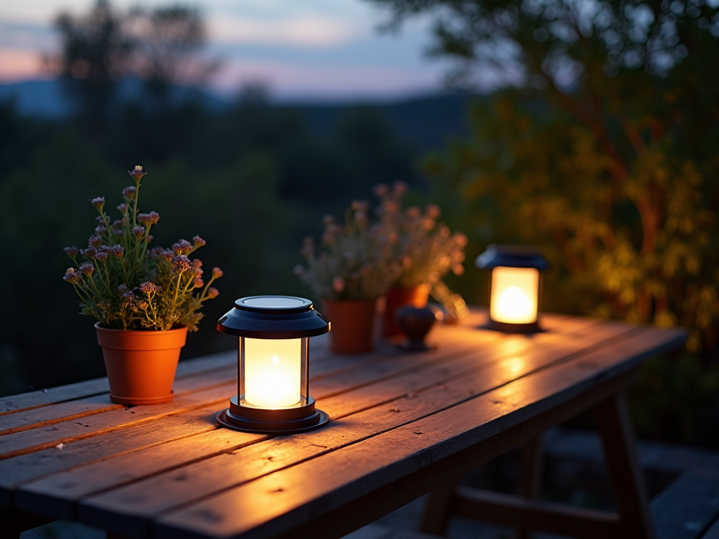 Solar-powered lanterns on patio table