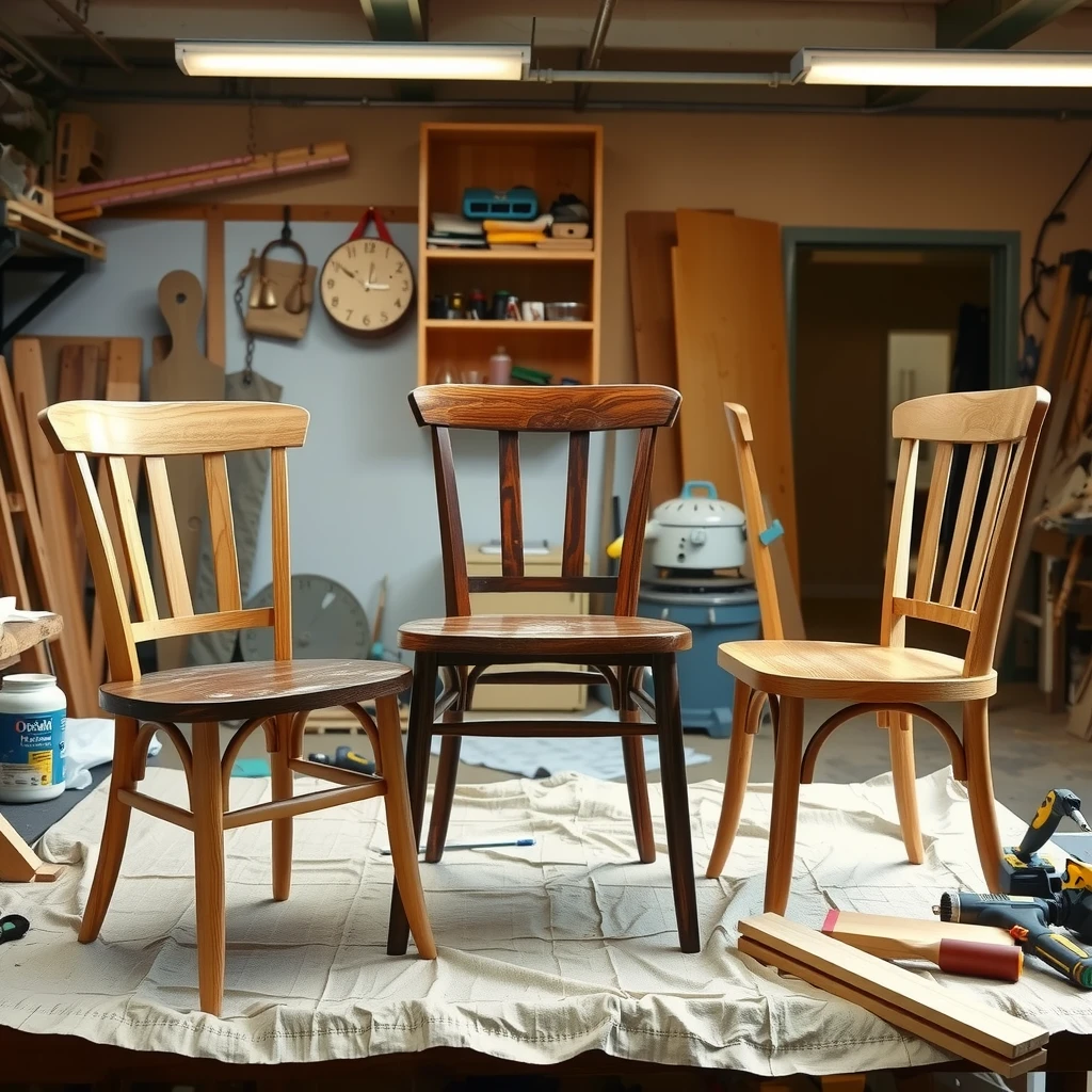 Wooden dining chairs at different stages of the refinishing process in a home workshop