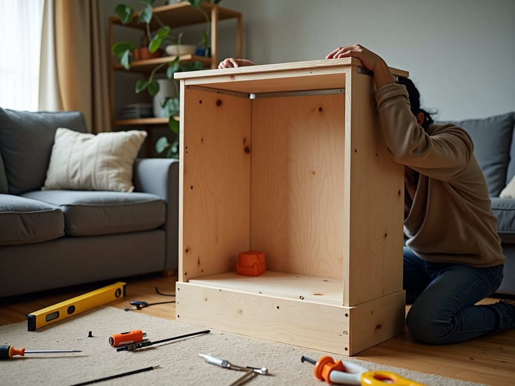 Person assembling a wooden cabinet with tools