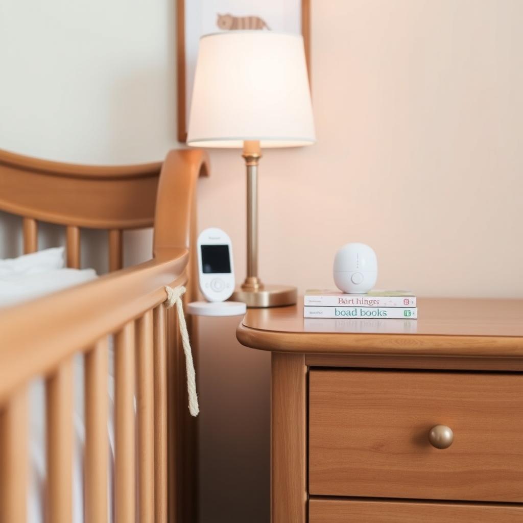Nursery nightstand with a soft-glow lamp and baby essentials