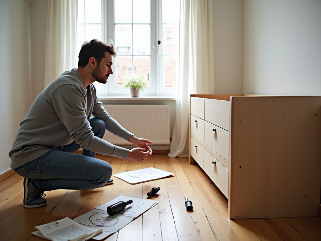 A person assembling a dresser in a small apartment, showing DIY furniture tips.