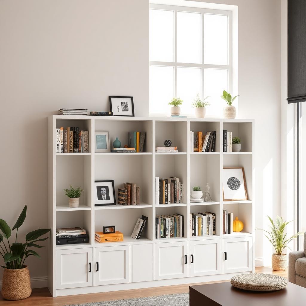 A tidy living room with a modern white bookshelf displaying books and decor, bathed in natural light.