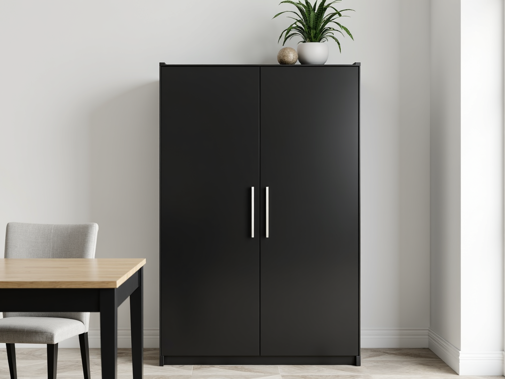 Black modern armoire in a minimalist office