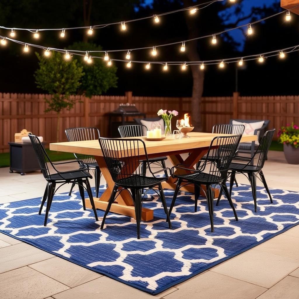 Nighttime patio with a geometric outdoor rug, wooden dining table, and solar-powered string lights.