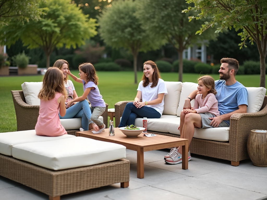 Family enjoying eco-friendly patio furniture in a backyard setting.