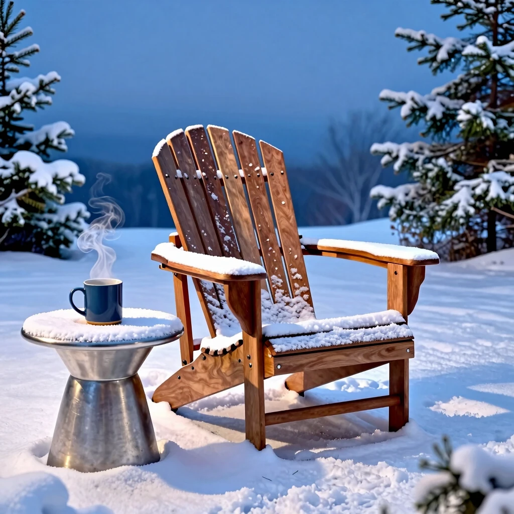 Patio furniture standing strong in a winter snowscape