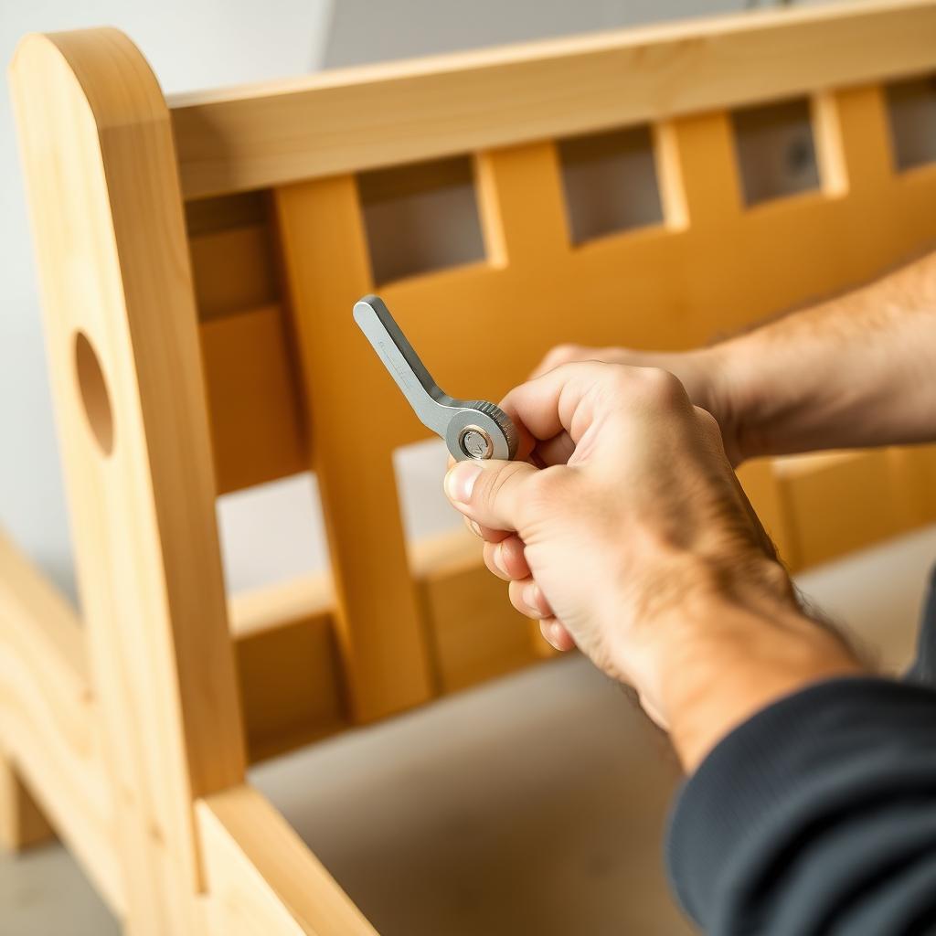 Hands tightening a bolt on a futon frame with an Allen wrench