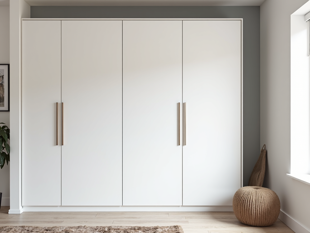 A minimalist white armoire with clean lines in a modern bedroom.