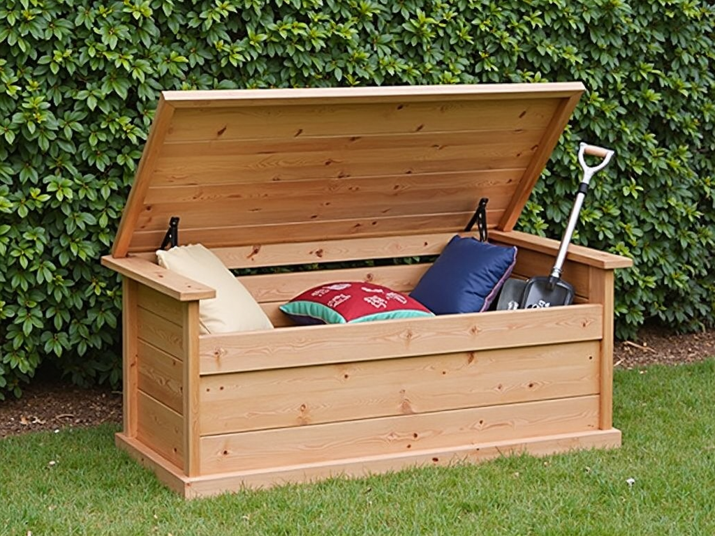 A multi-functional bench that provides seating and storage for outdoor essentials.