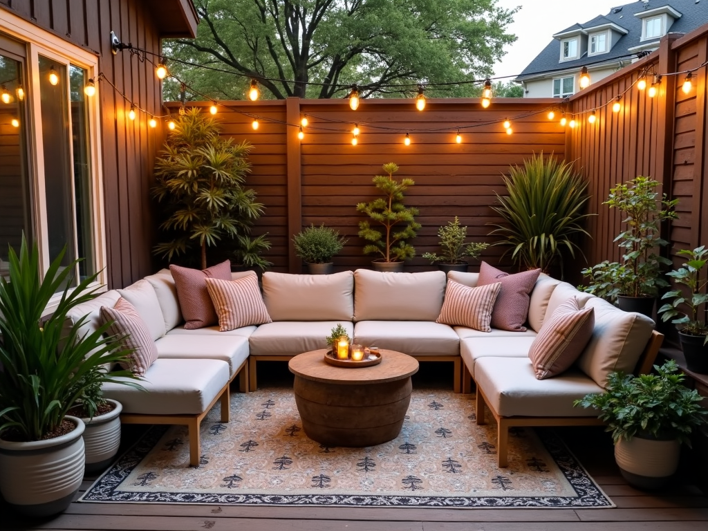 A cozy patio with comfortable seating and string lights.