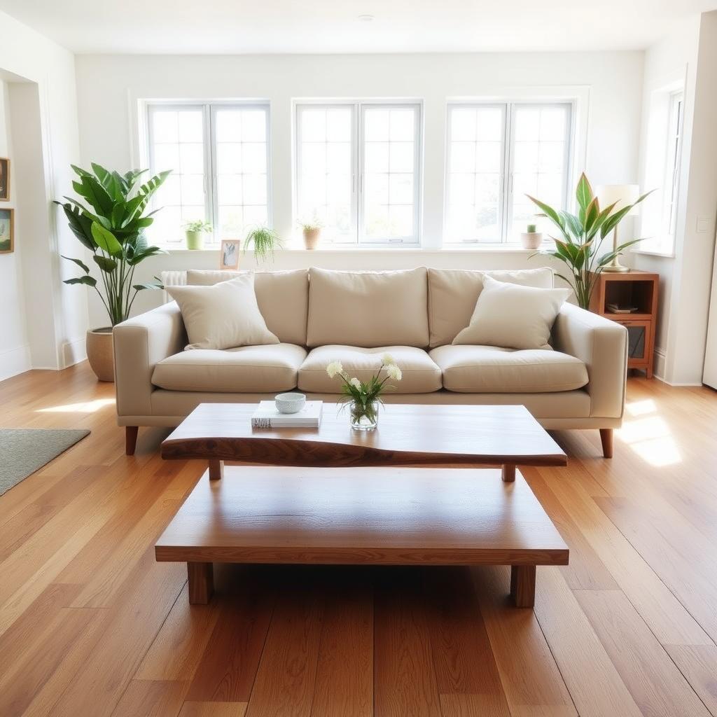 Modern living room with eco-friendly sofa and wooden coffee table