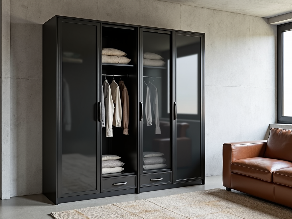 Black metal armoire with glass doors in a contemporary living room