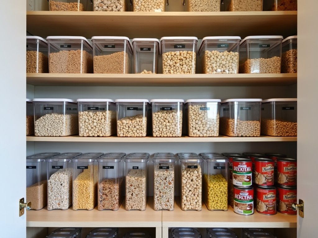 Pantry cabinet with clear bins and labeled shelves.