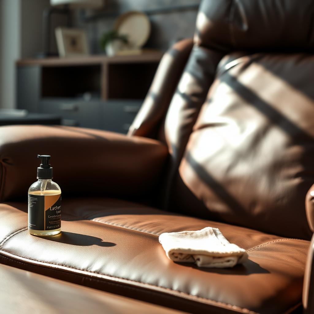 Well-maintained leather recliner with leather conditioner and cloth on a nearby table