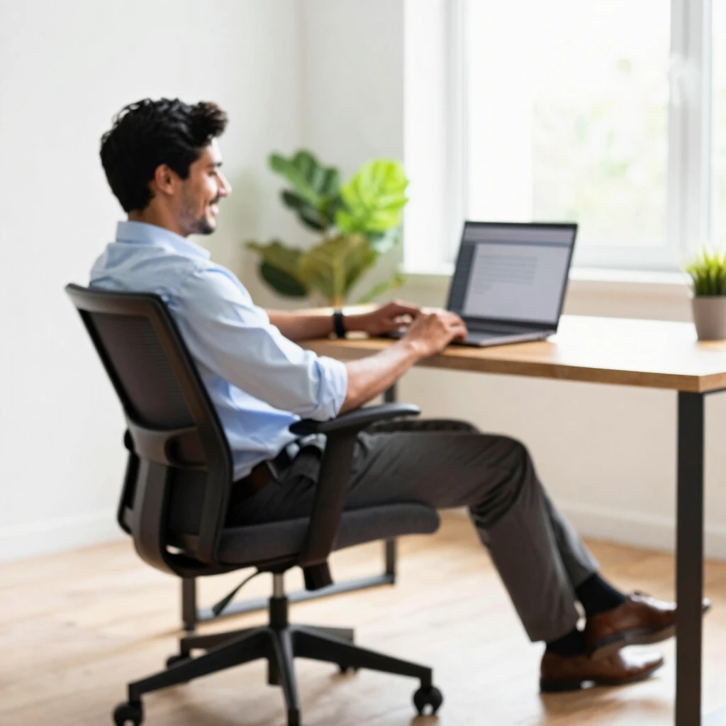 Man working comfortably in ergonomic chair at home office desk