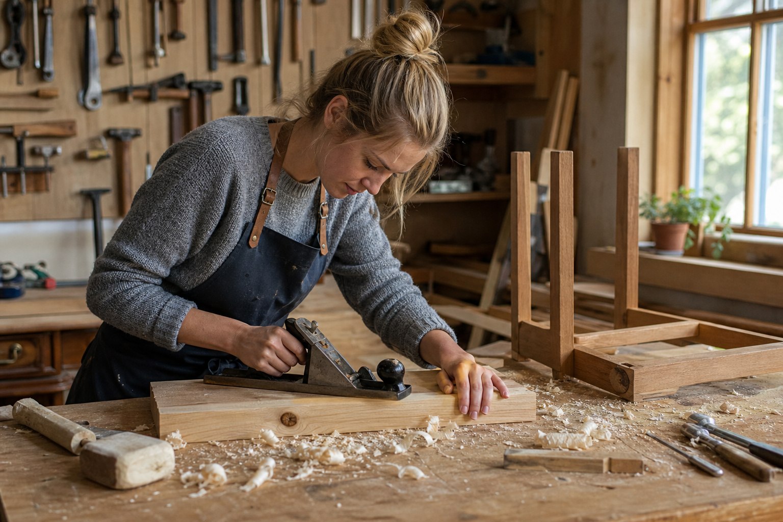 A beginner's woodworking workshop with essential tools and a project