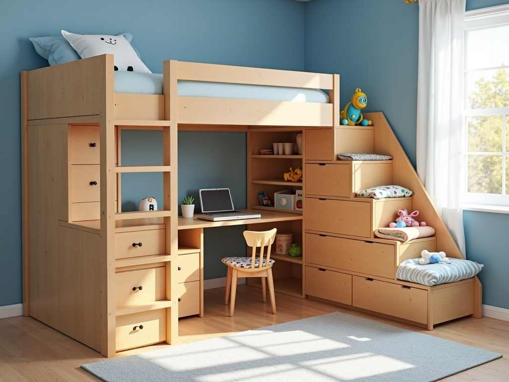A functional and fun bedroom setup for kids.