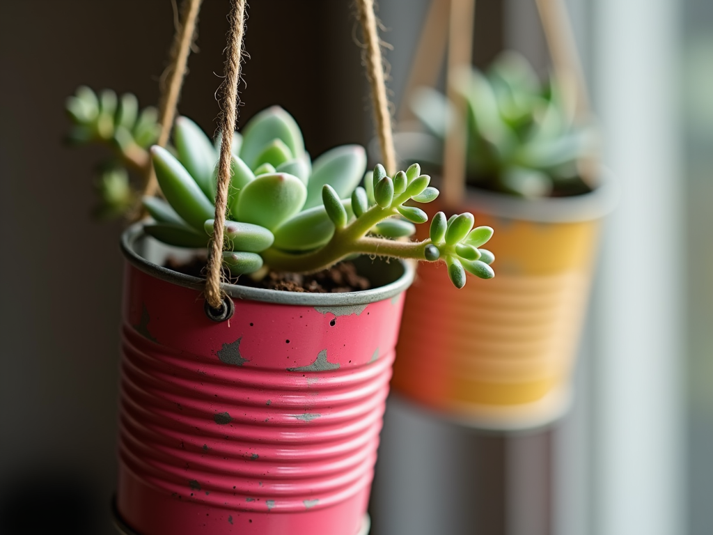 A colorful hanging planter made from a repurposed tin can.
