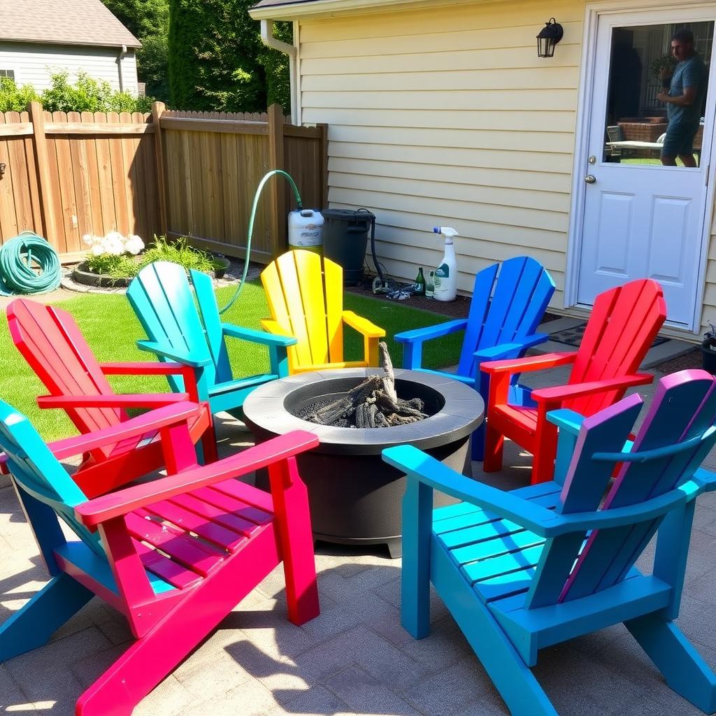 Colorful plastic Adirondack chairs around a fire pit with cleaning supplies and a hose in the background on a sunny patio.