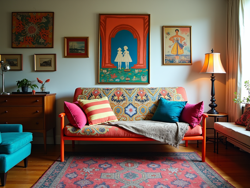Eclectic living room with a colorful futon frame and vibrant decor