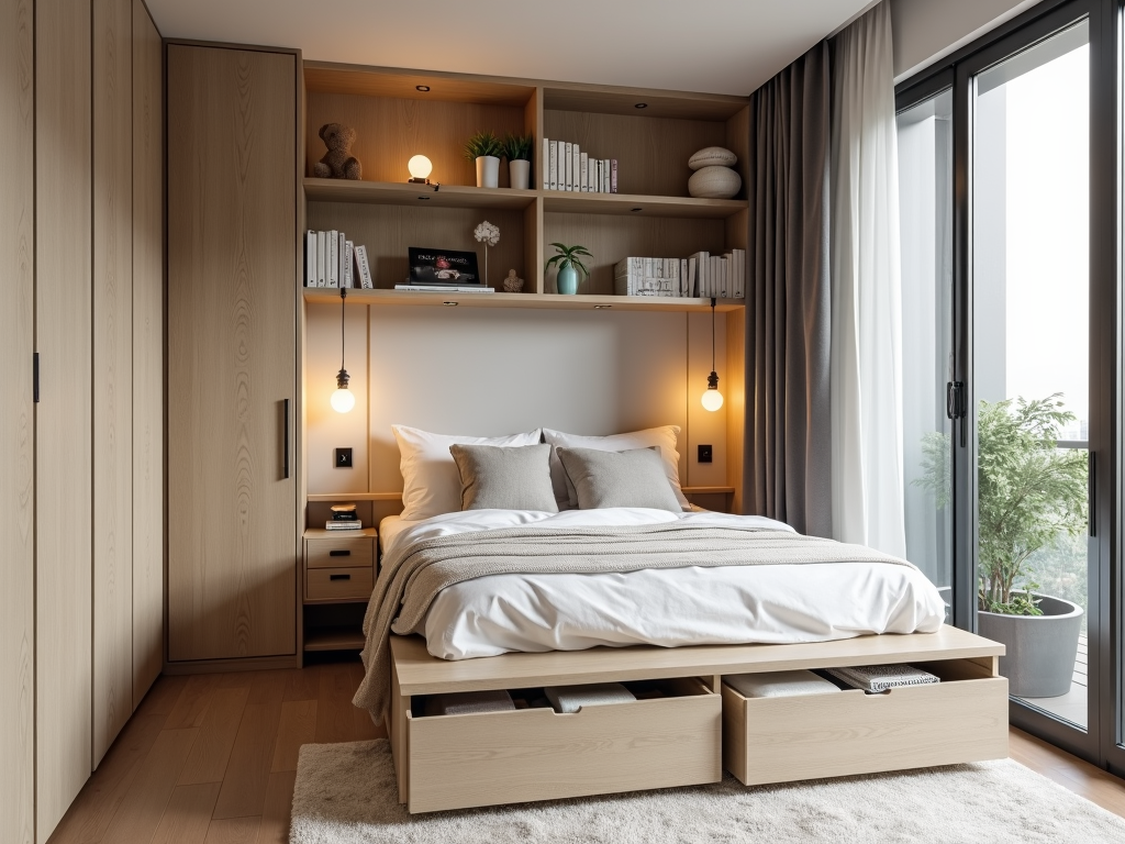 A well-organized small bedroom showcasing DIY storage solutions.